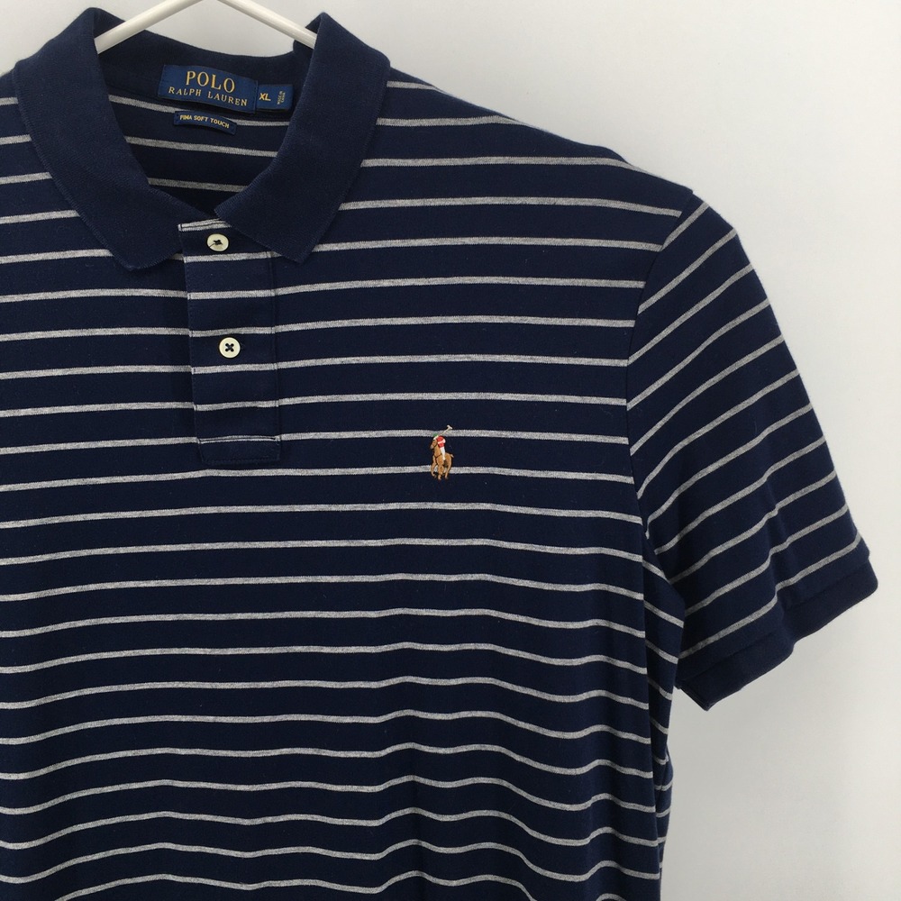 Polo Ralph Lauren Polo Shirt Mens XL Navy Blue Striped Pima Soft Touch Cotton